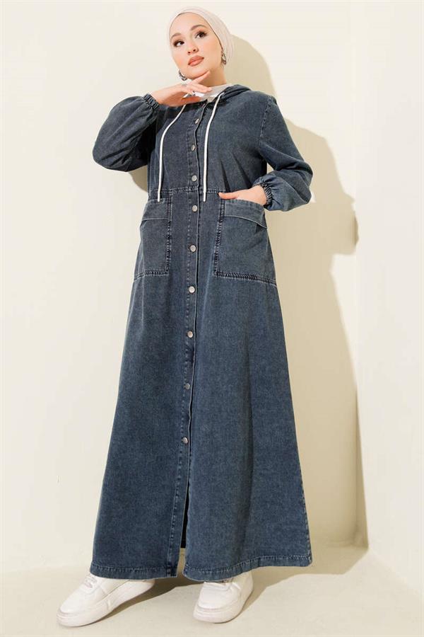 Metal Buttoned Hooded Denim Dress Blue