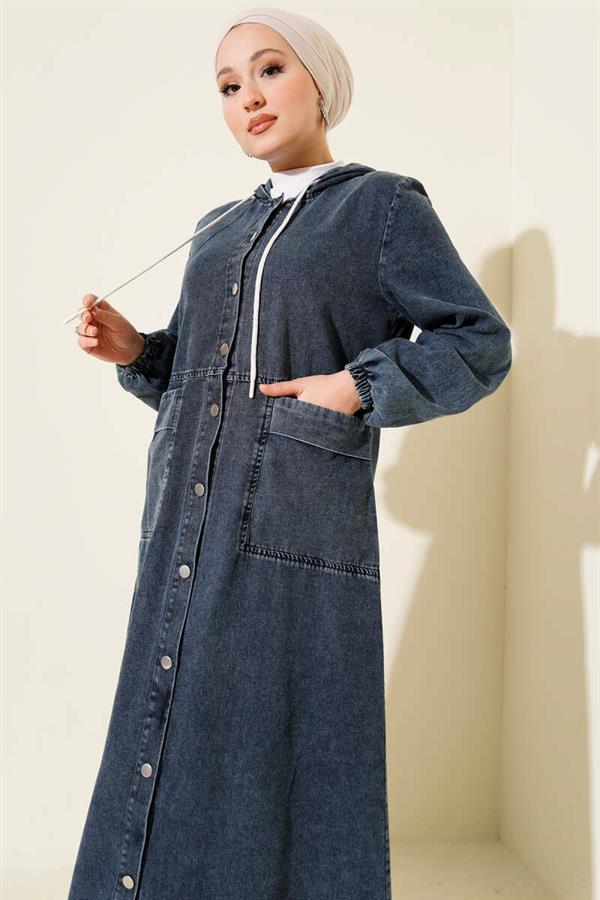Metal Buttoned Hooded Denim Dress Blue