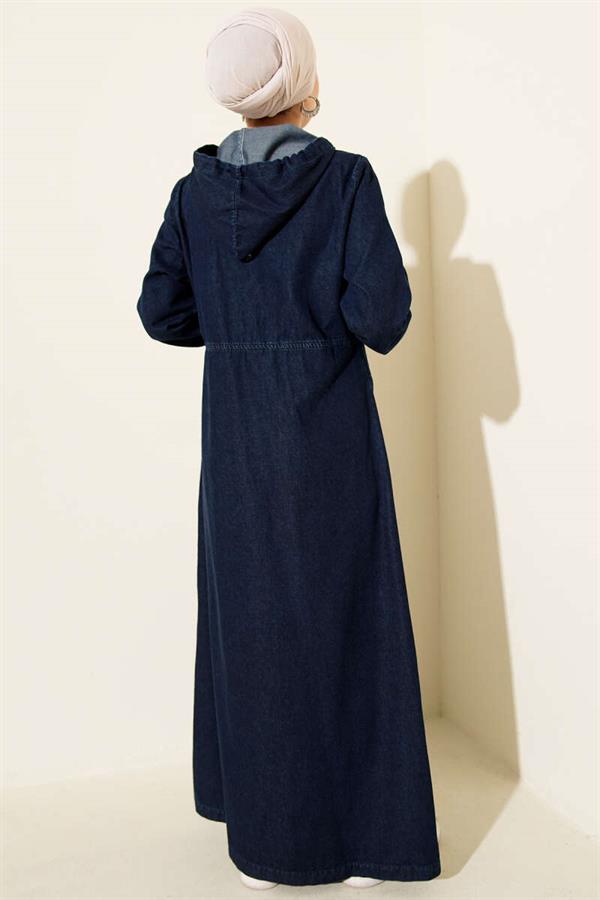Hooded Denim Dress with Metal Buttons on the Front and Back, Navy Blue