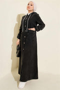 Hooded Denim Dress with Metal Buttons on the Front and Back in Anthracite