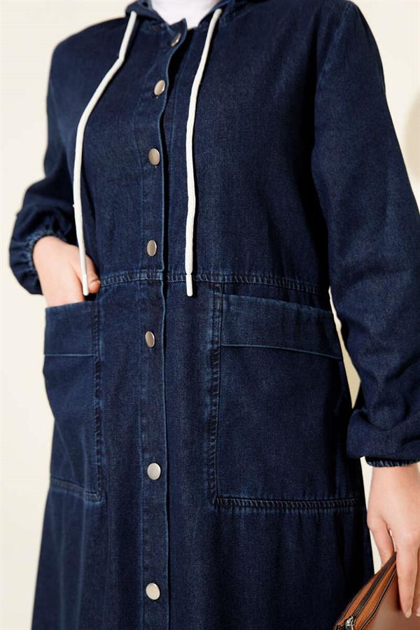 Hooded Denim Dress with Metal Buttons on the Front and Back, Navy Blue
