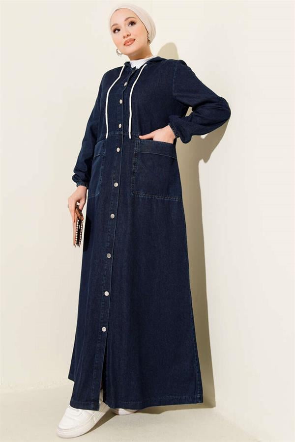 Hooded Denim Dress with Metal Buttons on the Front and Back, Navy Blue