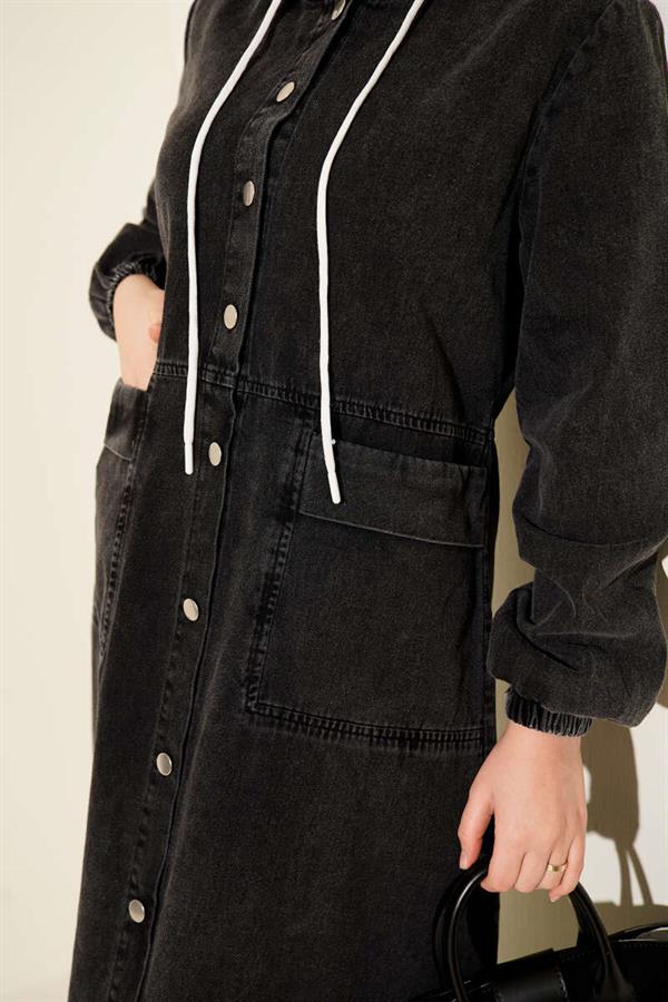 Hooded Denim Dress with Metal Buttons on the Front and Back in Anthracite