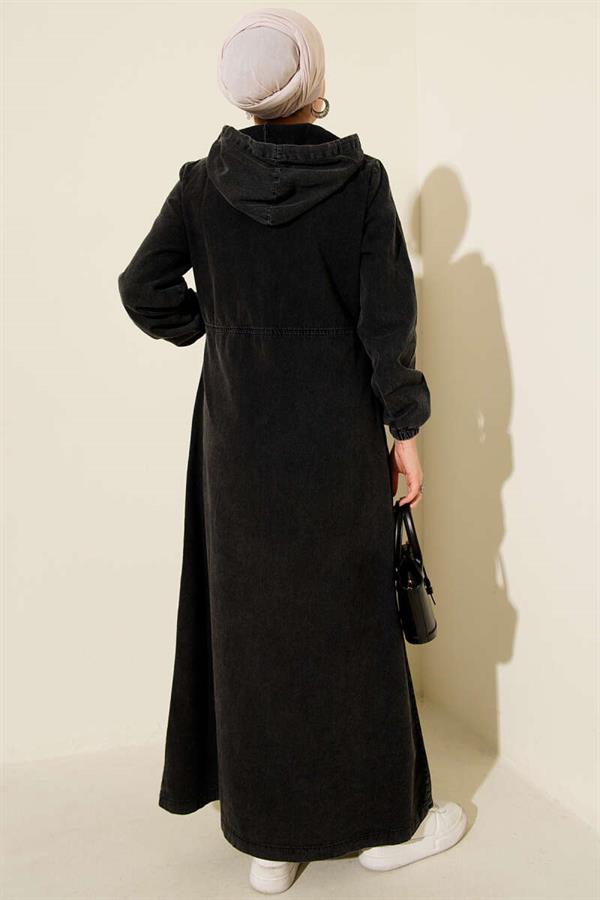 Hooded Denim Dress with Metal Buttons on the Front and Back in Anthracite