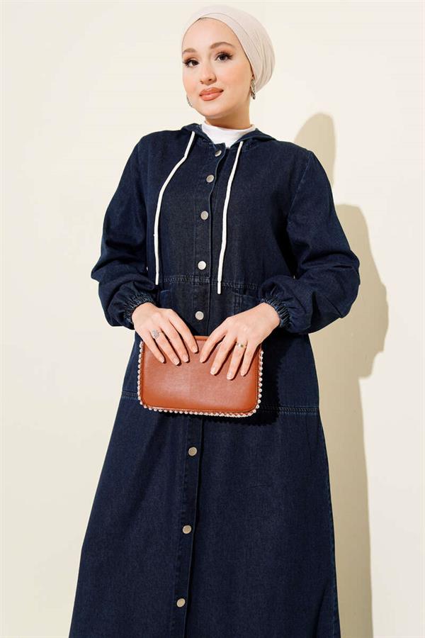 Hooded Denim Dress with Metal Buttons on the Front and Back, Navy Blue