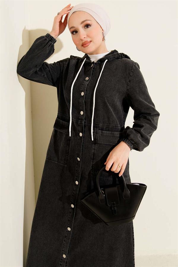 Hooded Denim Dress with Metal Buttons on the Front and Back in Anthracite