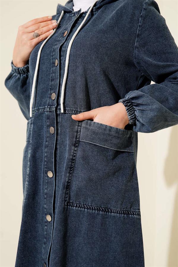 Metal Buttoned Hooded Denim Dress Blue