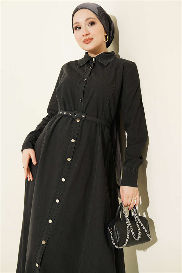 Anthracite Denim Dress with Metal Buttons and Belt