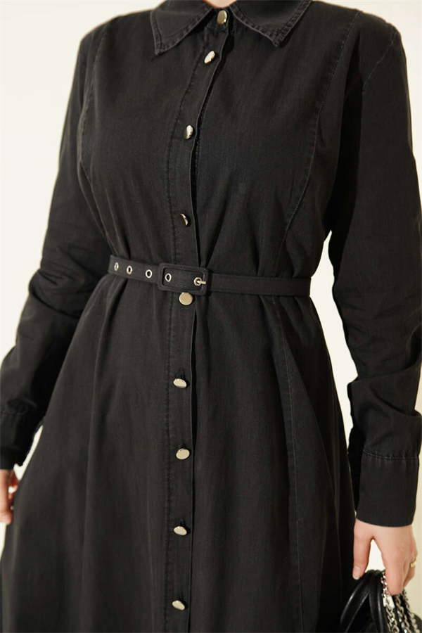 Anthracite Denim Dress with Metal Buttons and Belt