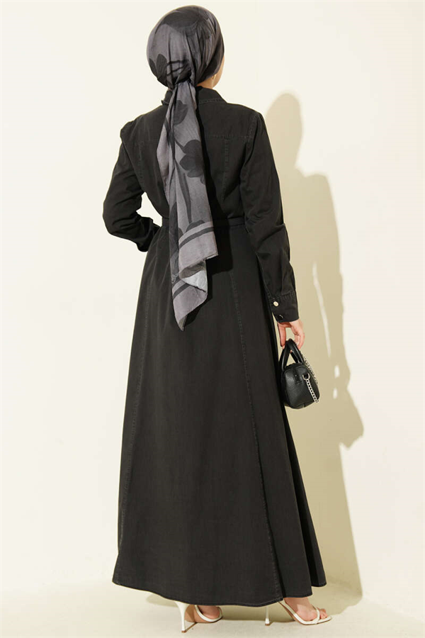 Anthracite Denim Dress with Metal Buttons and Belt