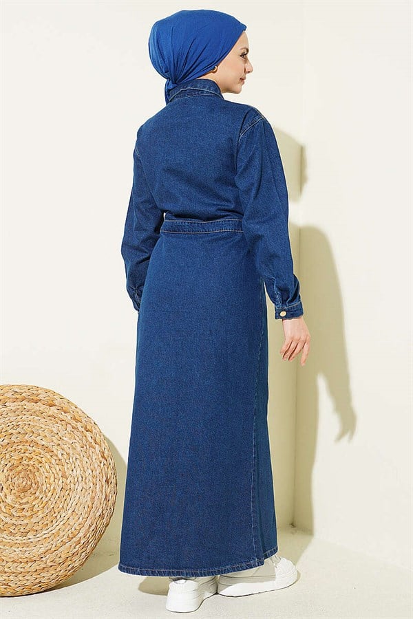 Full-Length Denim Dress with Metal Buttons, Blue