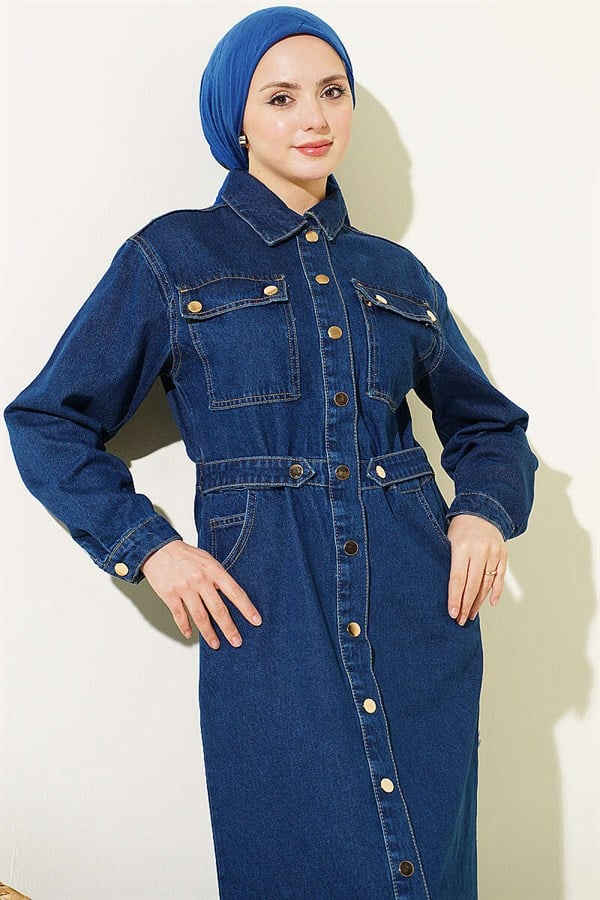 Full-Length Denim Dress with Metal Buttons, Blue
