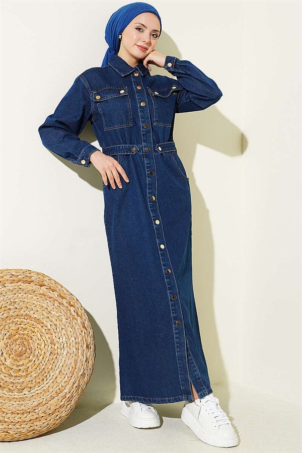 Full-Length Denim Dress with Metal Buttons, Blue