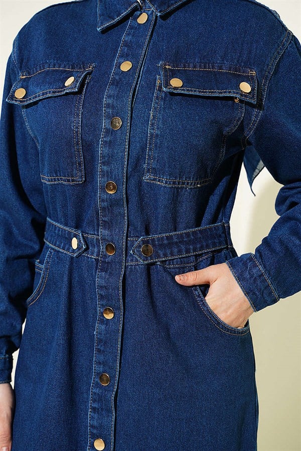 Full-Length Denim Dress with Metal Buttons, Blue