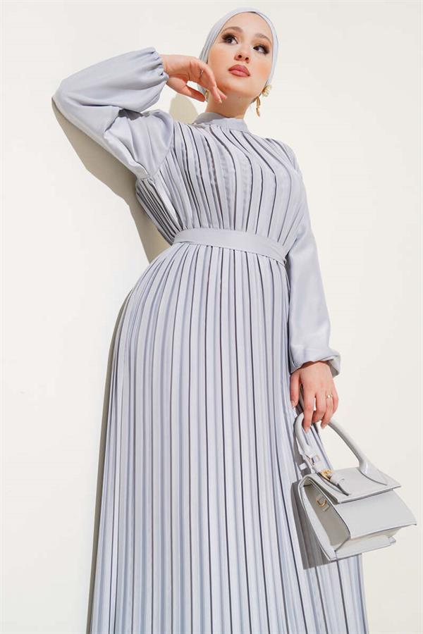 Pleated Satin Dress Gray