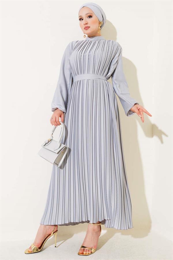 Pleated Satin Dress Gray