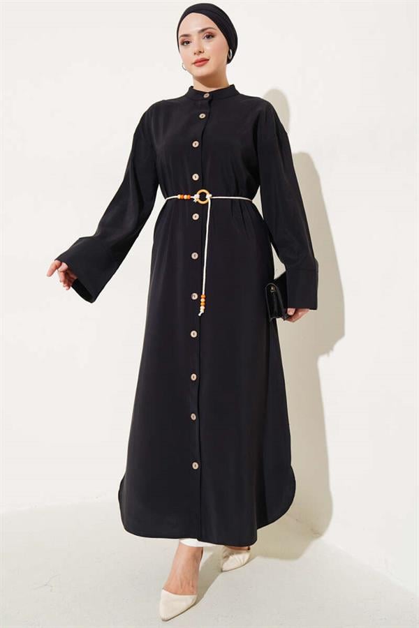 Tencel Dress with Wooden Buttons Throughout Black