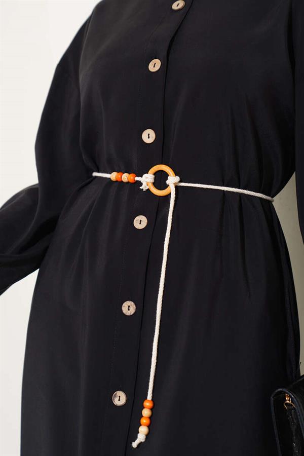 Tencel Dress with Wooden Buttons Throughout Black