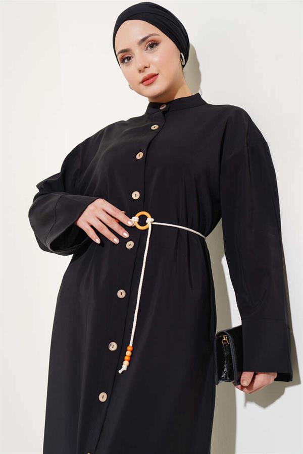 Tencel Dress with Wooden Buttons Throughout Black