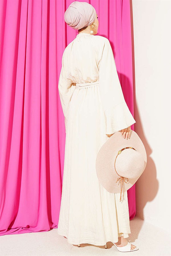Neckline Dress with Elastic Waist, Beige