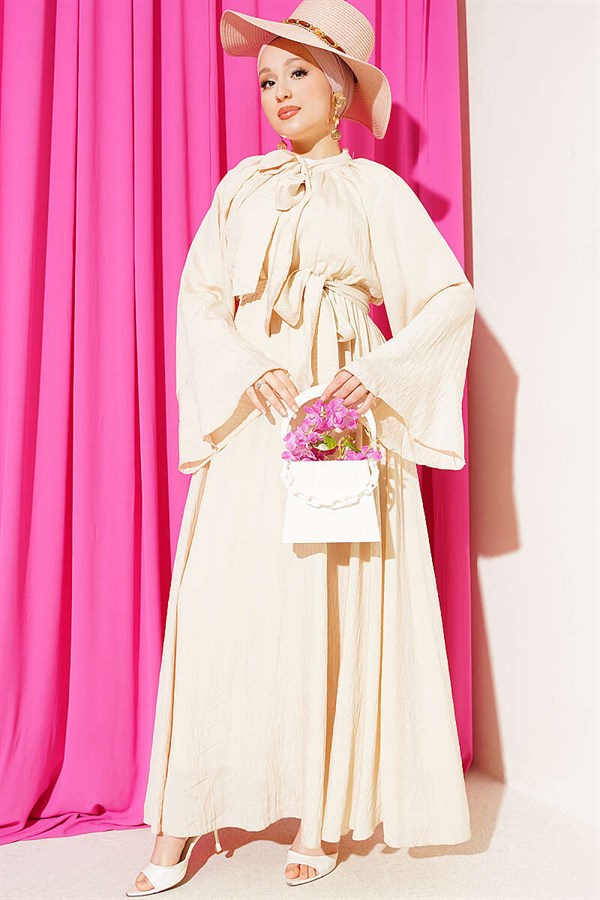 Neckline Dress with Elastic Waist, Beige