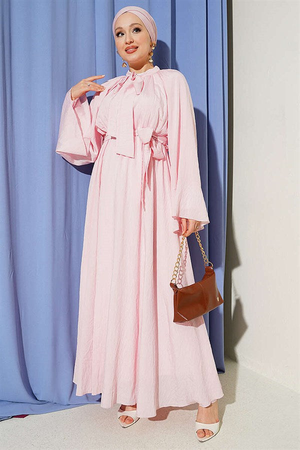 Pink Dress with Neckline and Elastic Waist