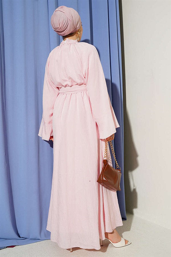 Pink Dress with Neckline and Elastic Waist