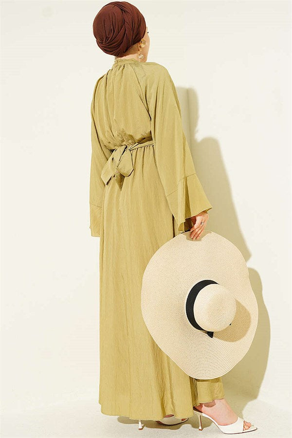 Neckline Dress with Elastic Waist, Olive Green