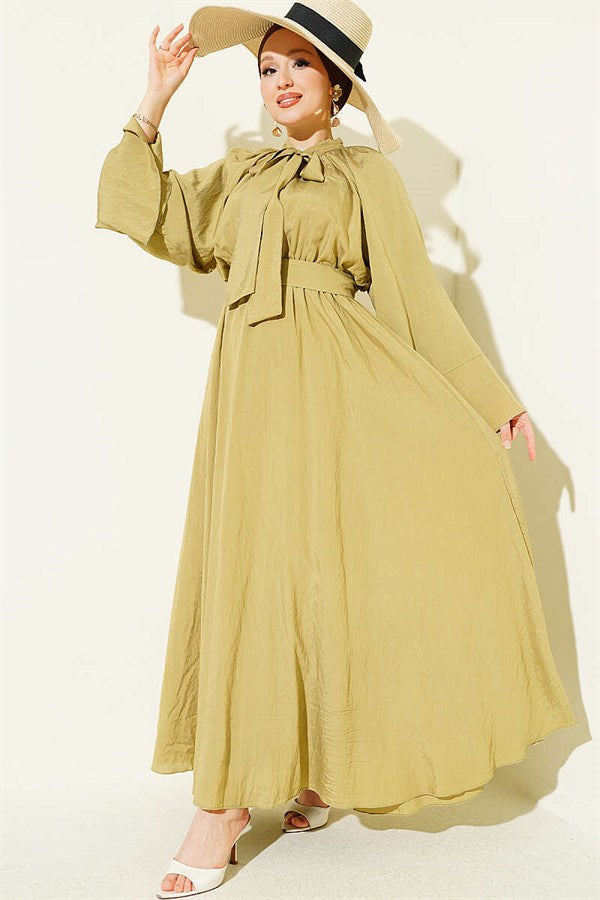 Neckline Dress with Elastic Waist, Olive Green