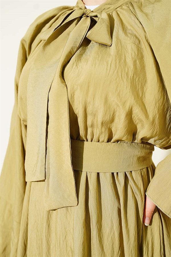Neckline Dress with Elastic Waist, Olive Green