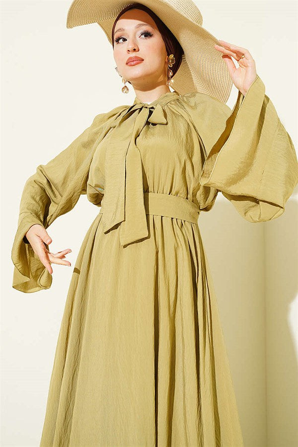 Neckline Dress with Elastic Waist, Olive Green