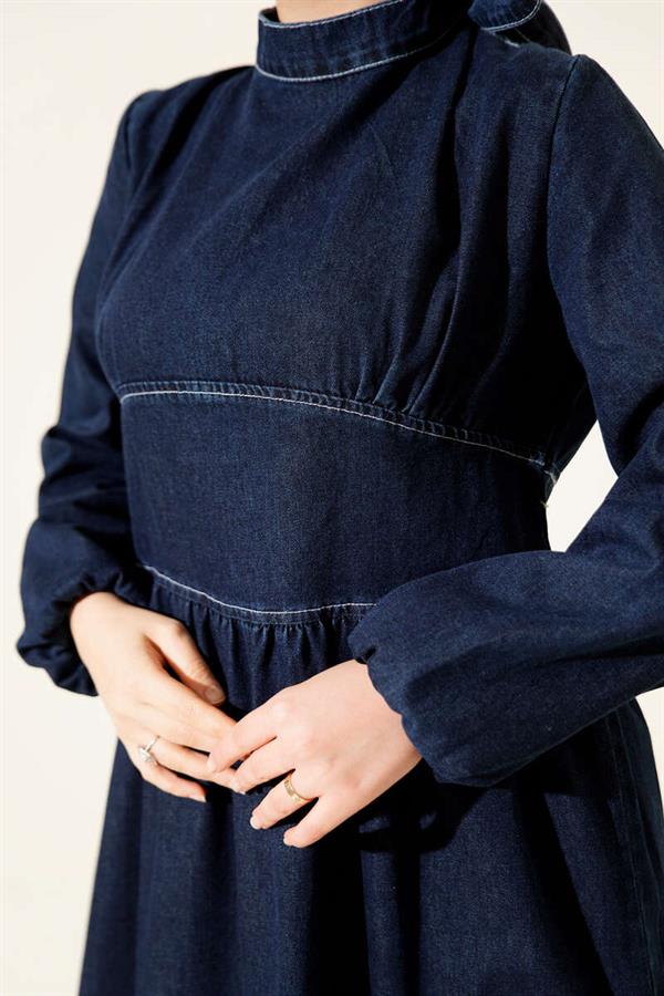 Tie Neck Denim Dress Navy Blue