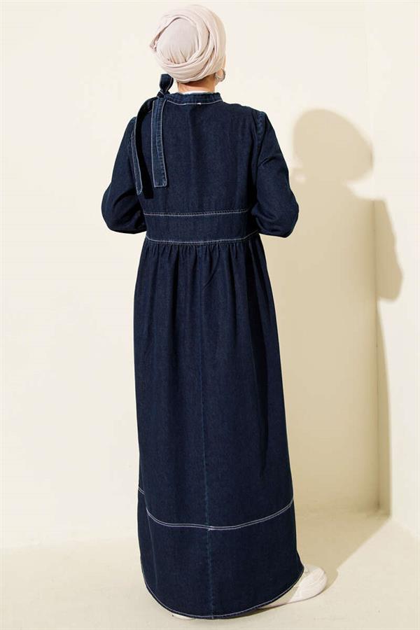 Tie Neck Denim Dress Navy Blue