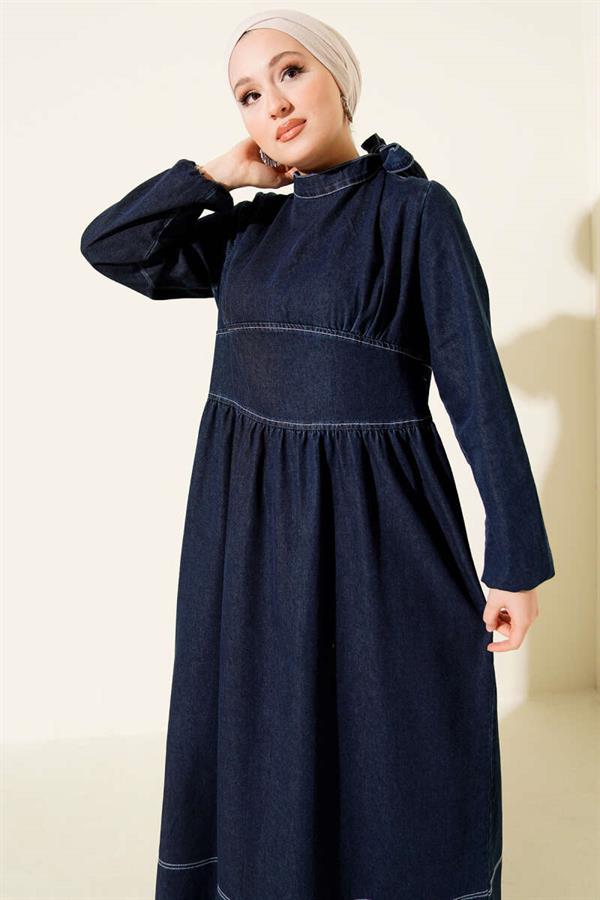 Tie Neck Denim Dress Navy Blue