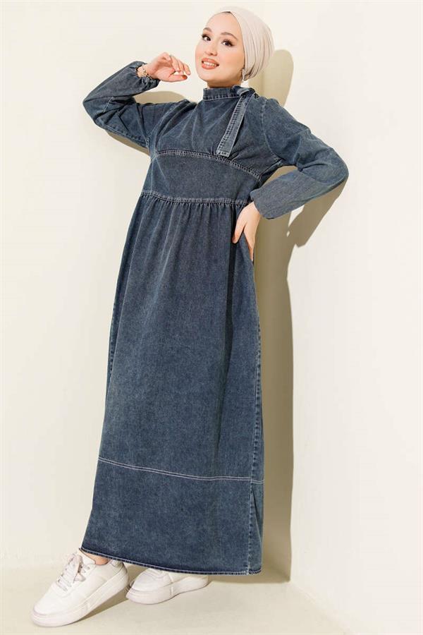 Tie Neck Denim Dress Blue