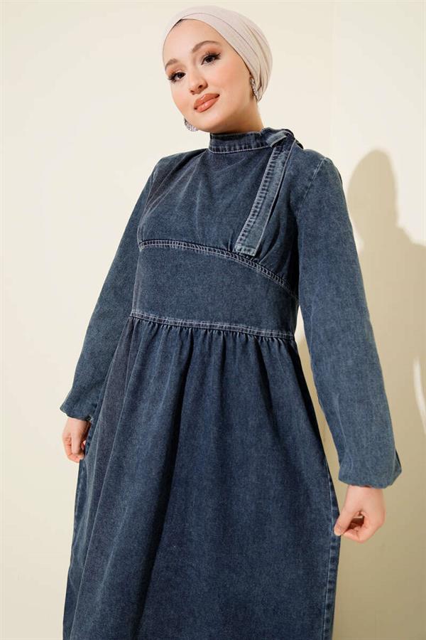 Tie Neck Denim Dress Blue