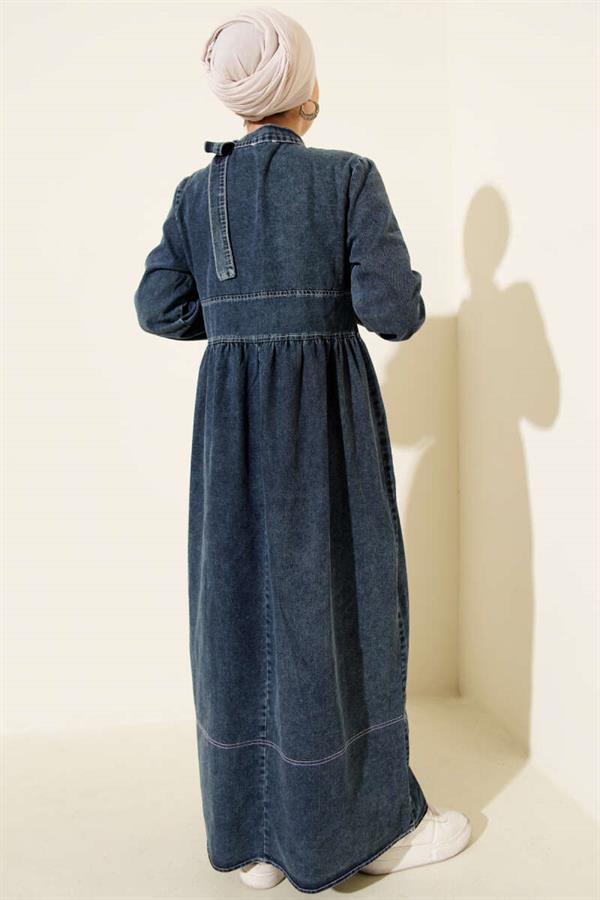 Tie Neck Denim Dress Blue
