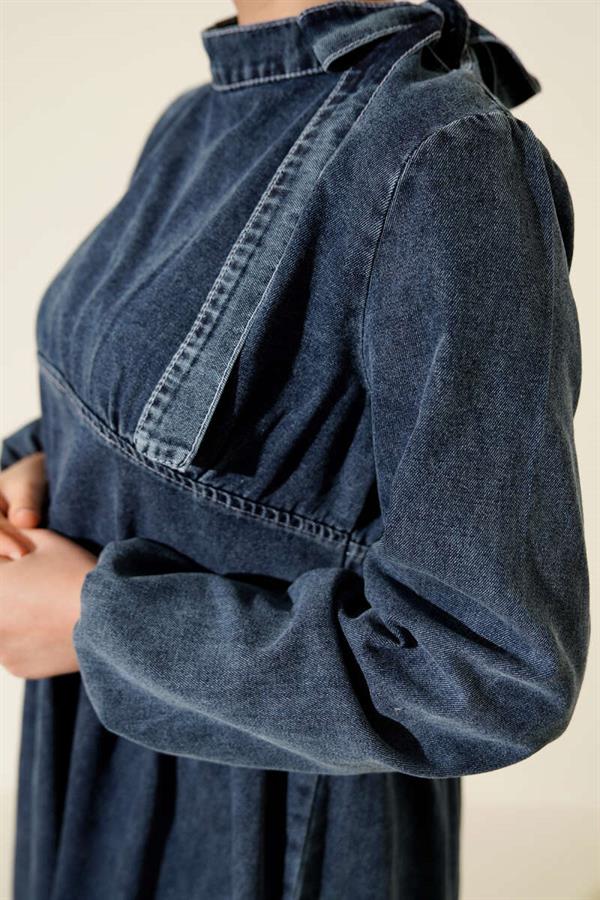 Tie Neck Denim Dress Blue