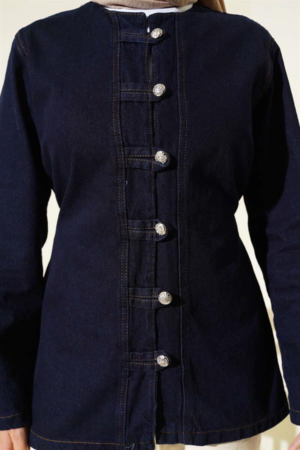 Brit Button Detailed Denim Jacket Navy Blue