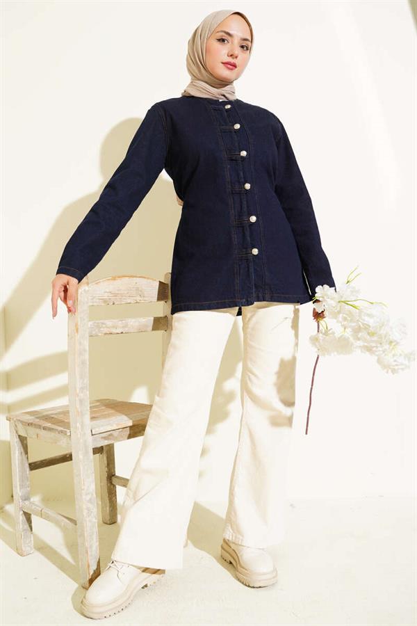 Brit Button Detailed Denim Jacket Navy Blue