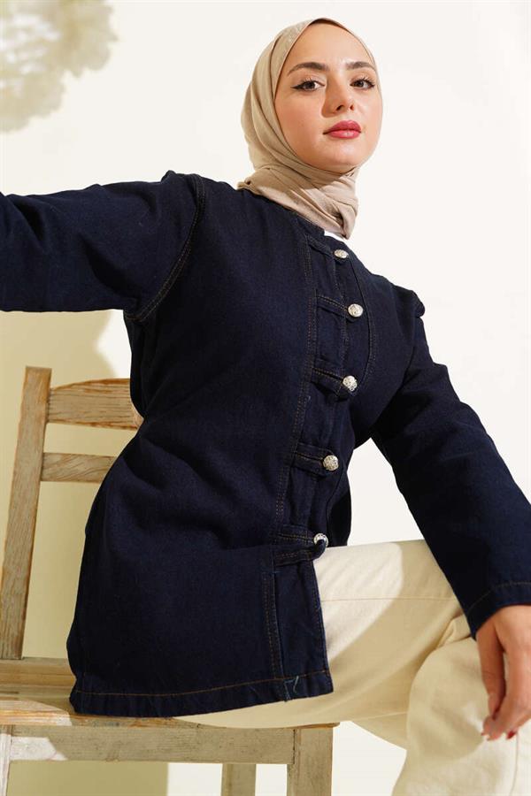 Brit Button Detailed Denim Jacket Navy Blue