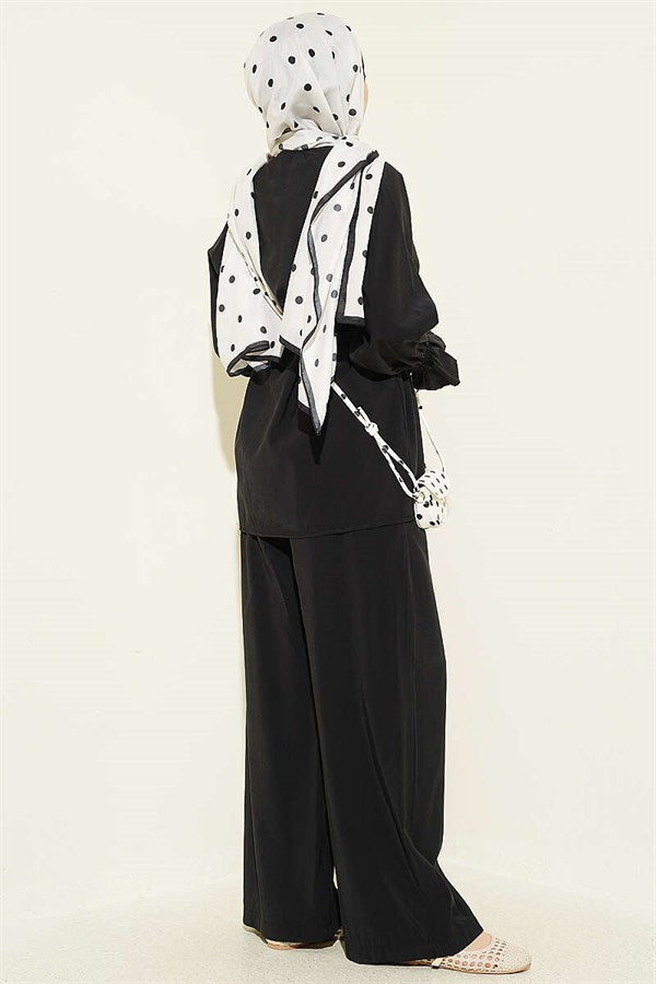 British Buttoned Tencel 2 Piece Set with Wrist Straps, Black