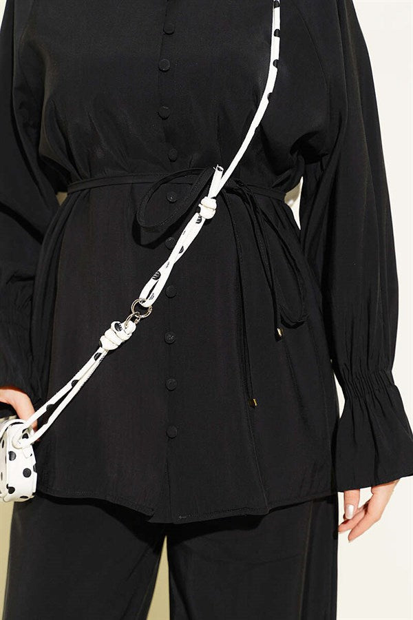 British Buttoned Tencel 2 Piece Set with Wrist Straps, Black