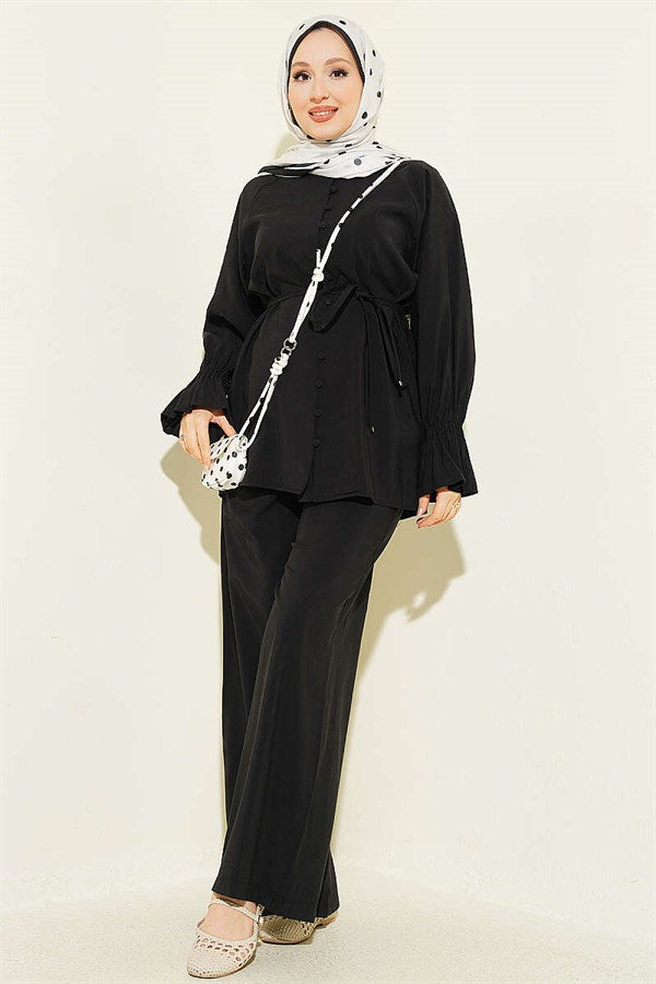 British Buttoned Tencel 2 Piece Set with Wrist Straps, Black