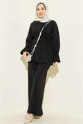 British Buttoned Tencel 2 Piece Set with Wrist Straps, Black