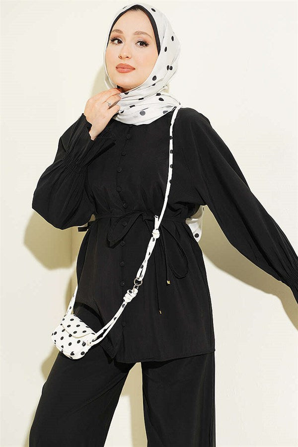British Buttoned Tencel 2 Piece Set with Wrist Straps, Black