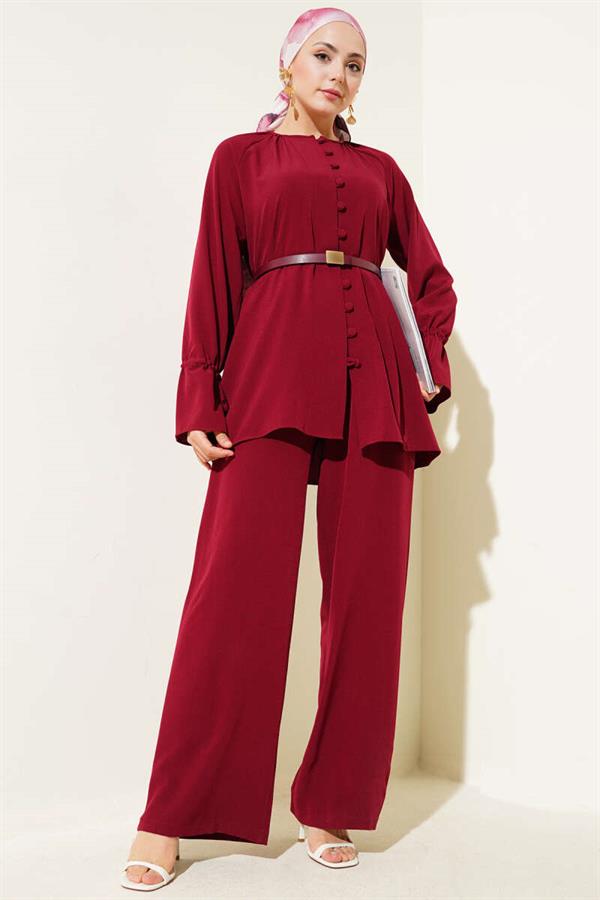Brit Buttoned Ankle Tunnel 2 Piece Set Claret Red