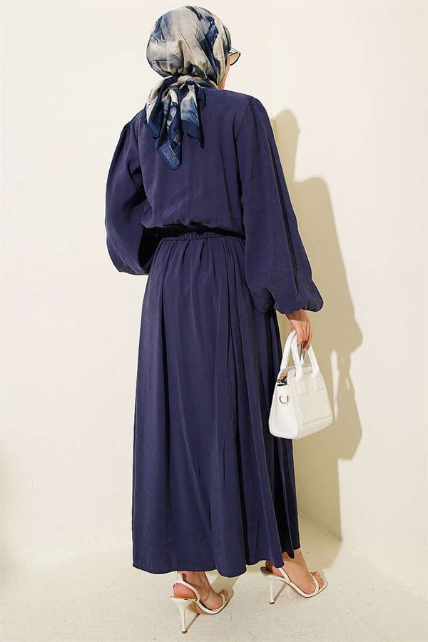 British Buttoned Blouse and Skirt Modal 2 Piece Set, Navy Blue