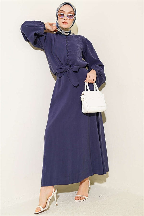 British Buttoned Blouse and Skirt Modal 2 Piece Set, Navy Blue