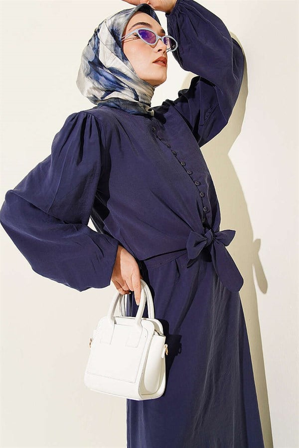 British Buttoned Blouse and Skirt Modal 2 Piece Set, Navy Blue